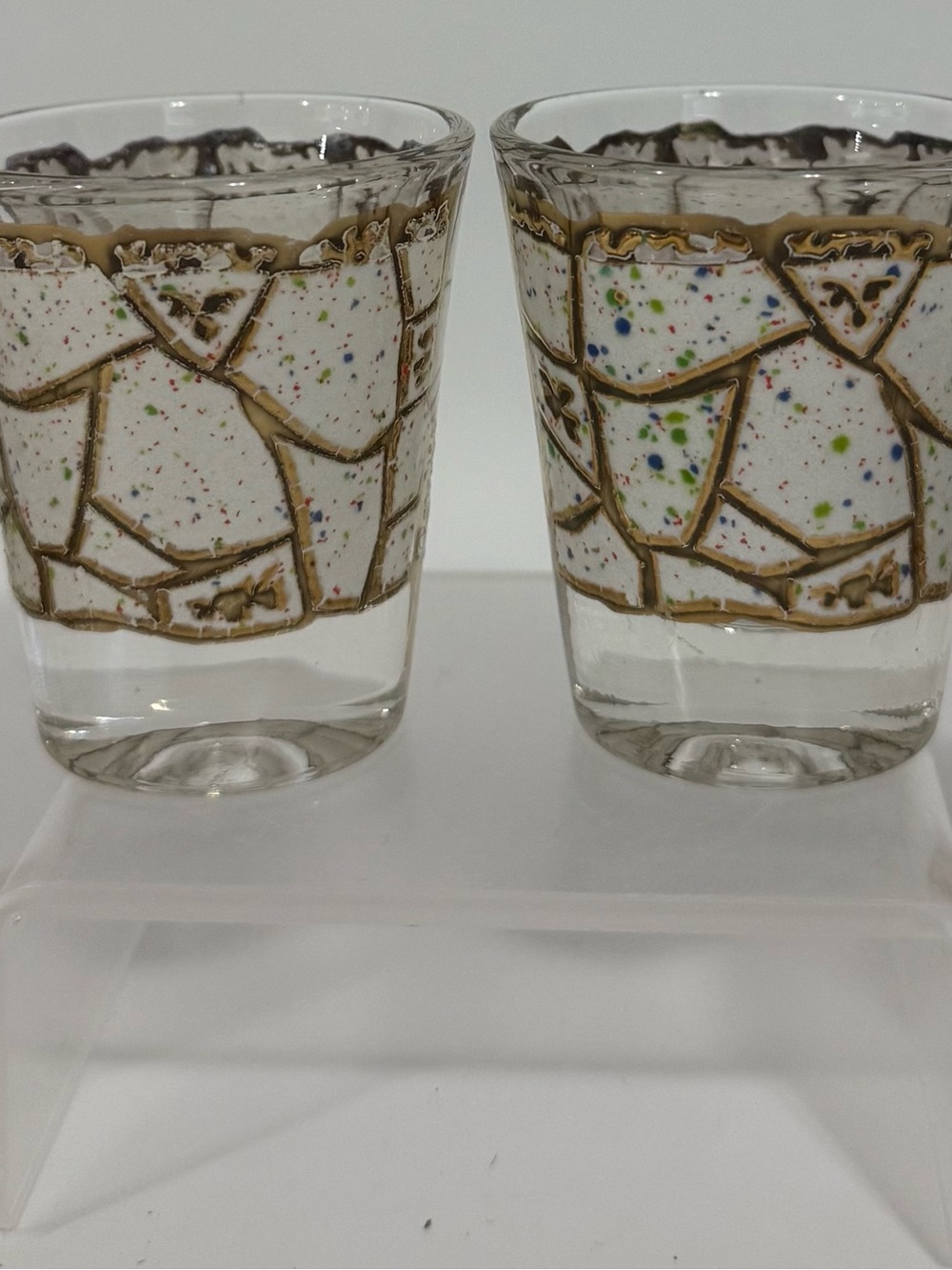 4 Vintage Gold Starlyte Confetti Shot Glasses Metallic Gold Mosaic Gilded Rim